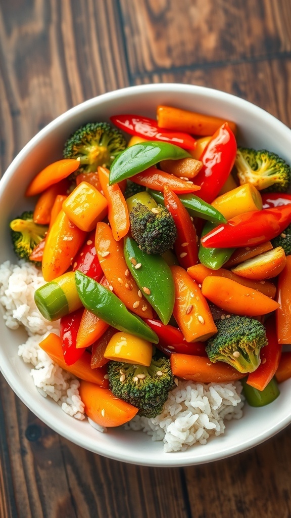 A colorful vegetable stir-fry with bell peppers, broccoli, carrots, and snap peas served in a bowl with rice.
